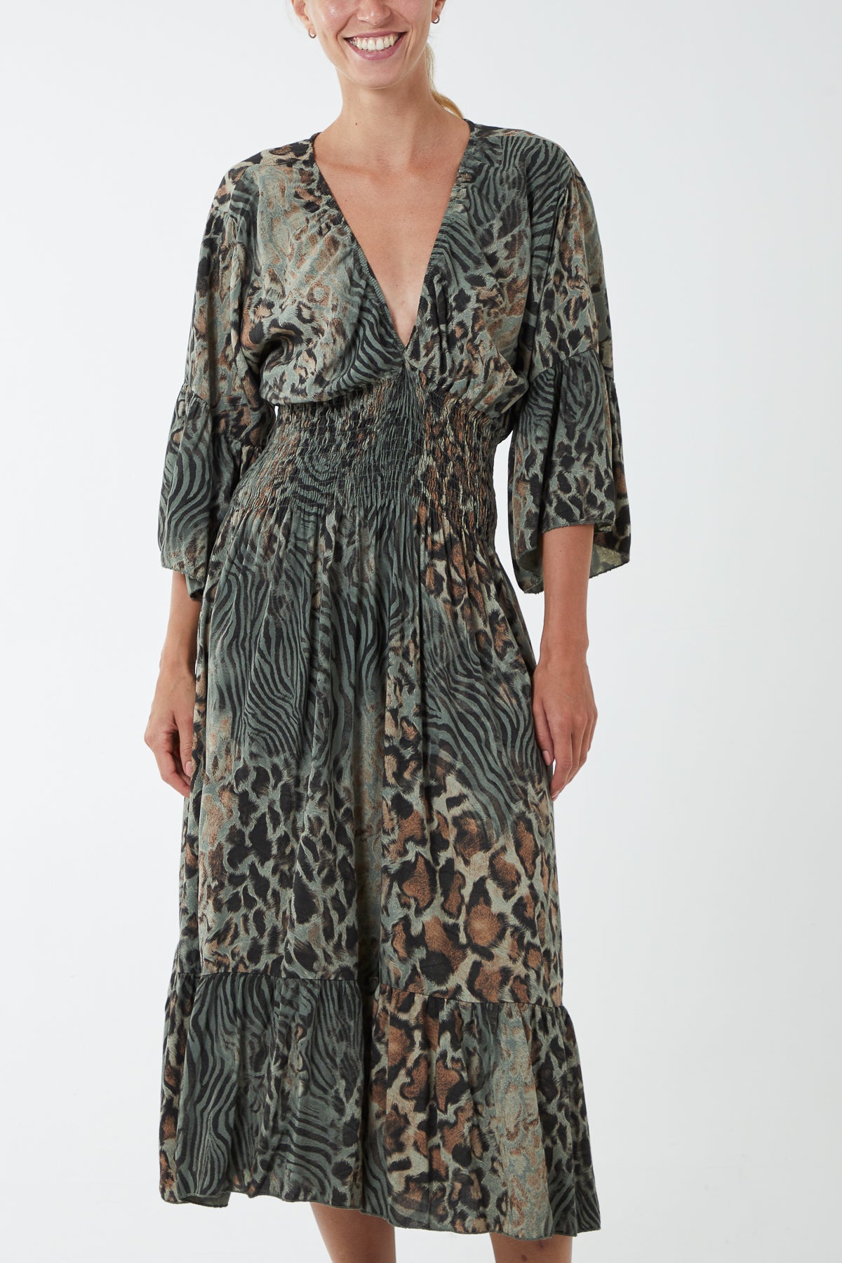 Mixed Animal Print Shirred Midi Dress