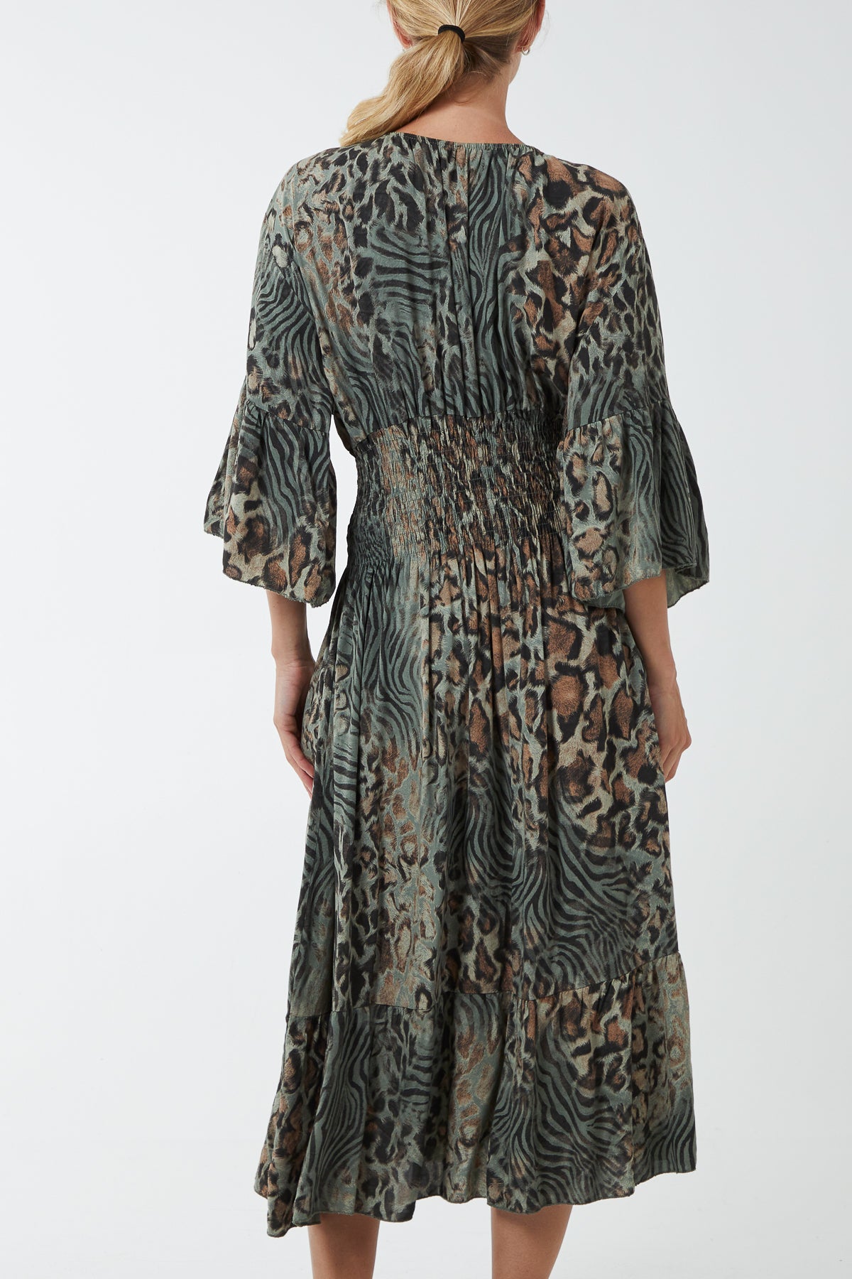 Mixed Animal Print Shirred Midi Dress