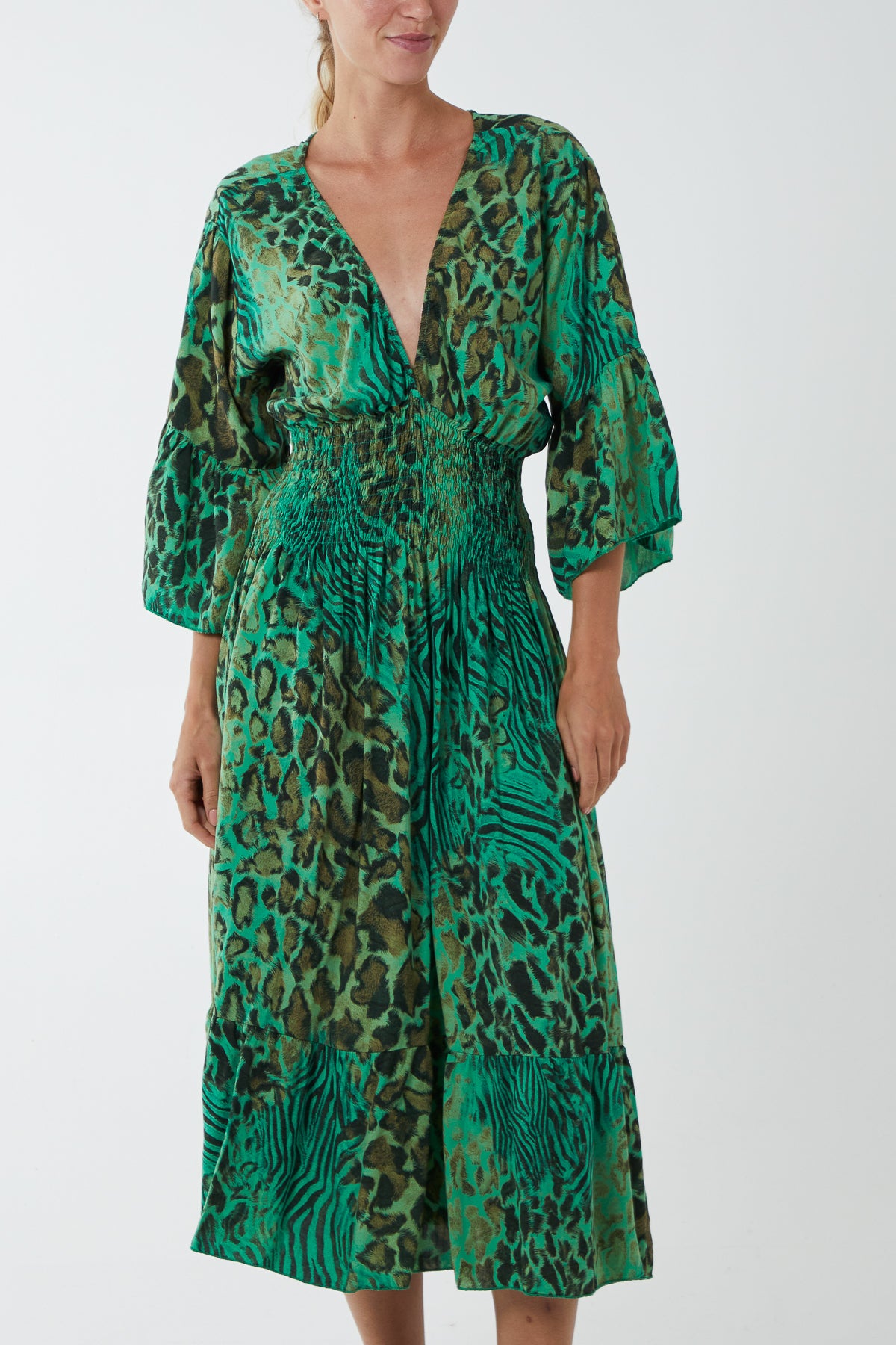 Mixed Animal Print Shirred Midi Dress