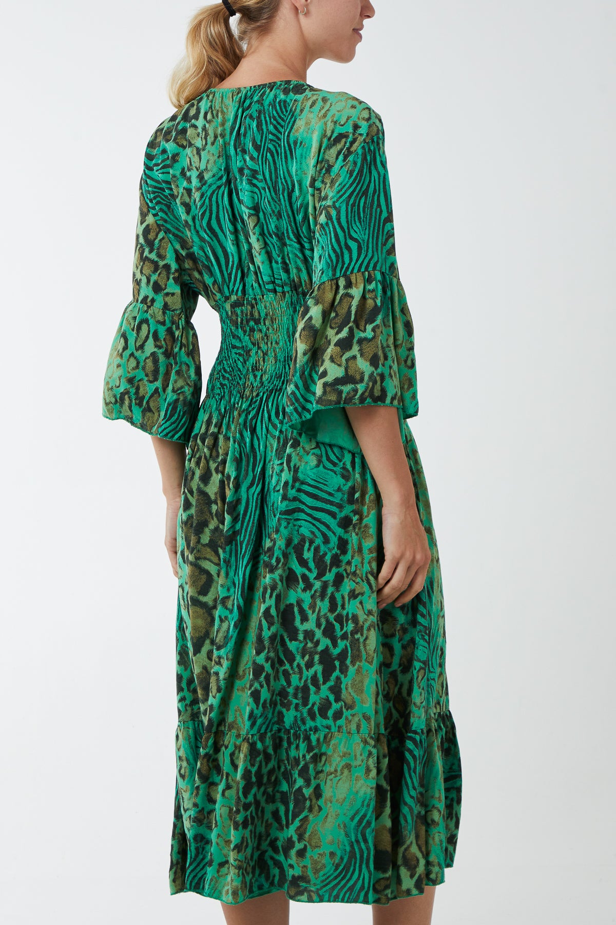 Mixed Animal Print Shirred Midi Dress