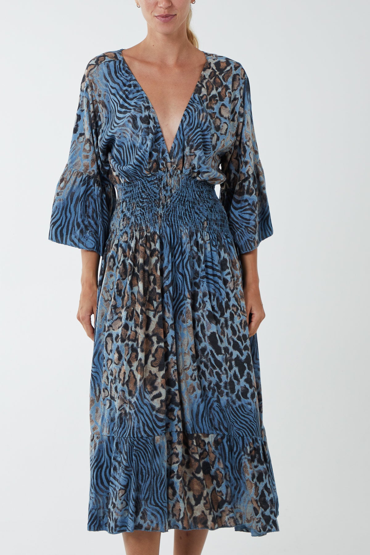 Mixed Animal Print Shirred Midi Dress