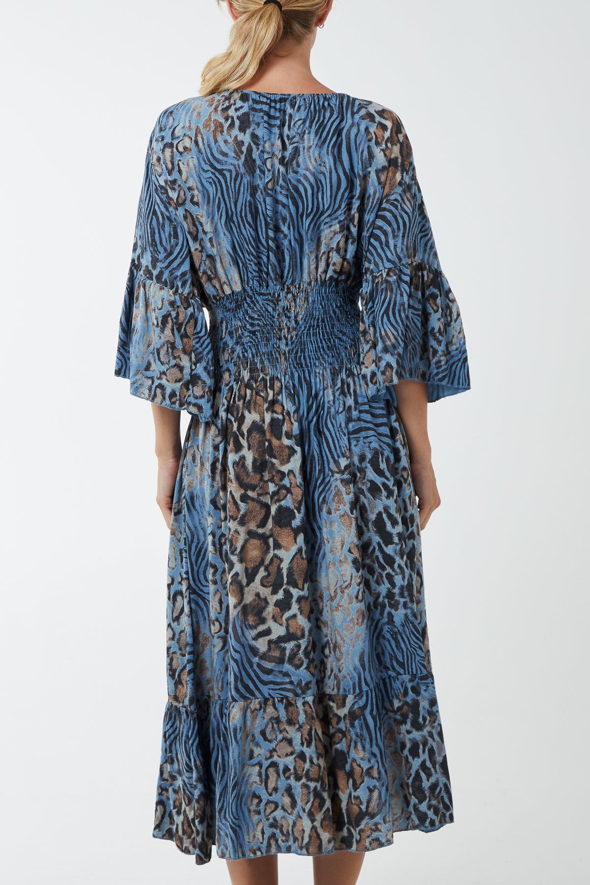 Mixed Animal Print Shirred Midi Dress