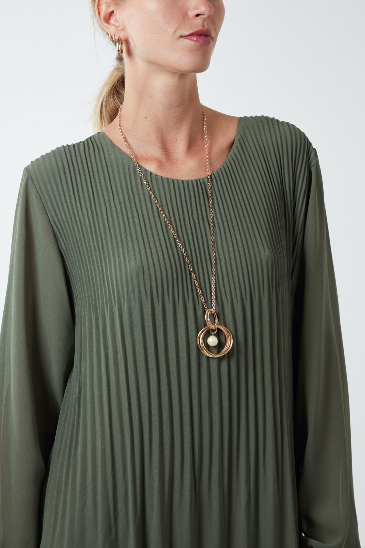 Long Sleeve Pleated Necklace Mini Shift Dress