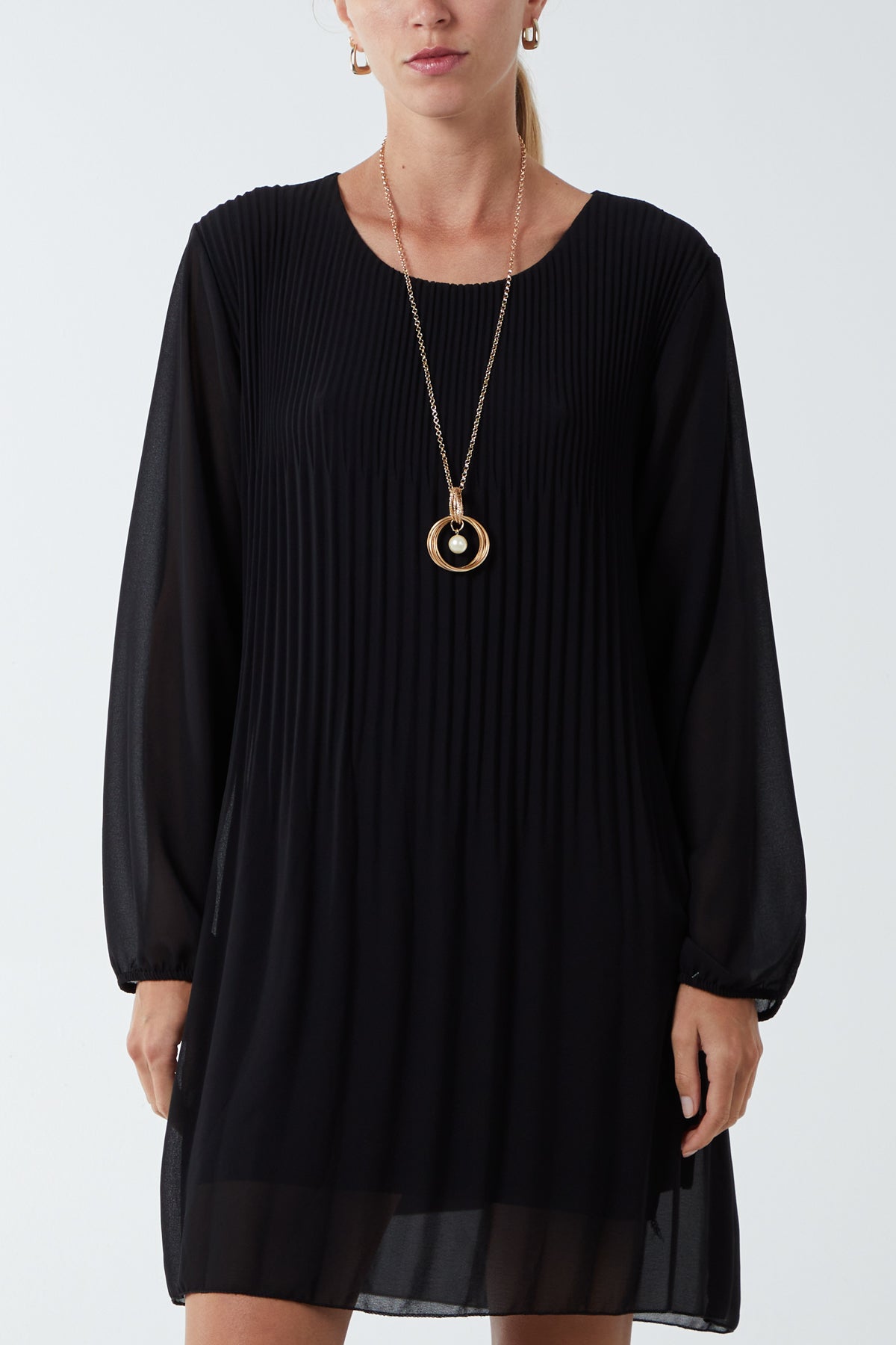 Long Sleeve Pleated Necklace Mini Shift Dress
