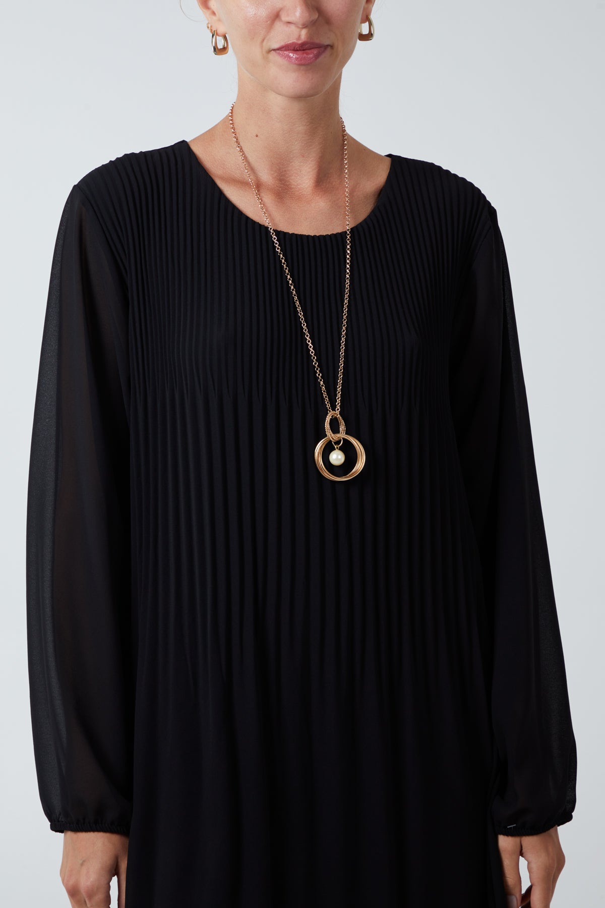 Long Sleeve Pleated Necklace Mini Shift Dress