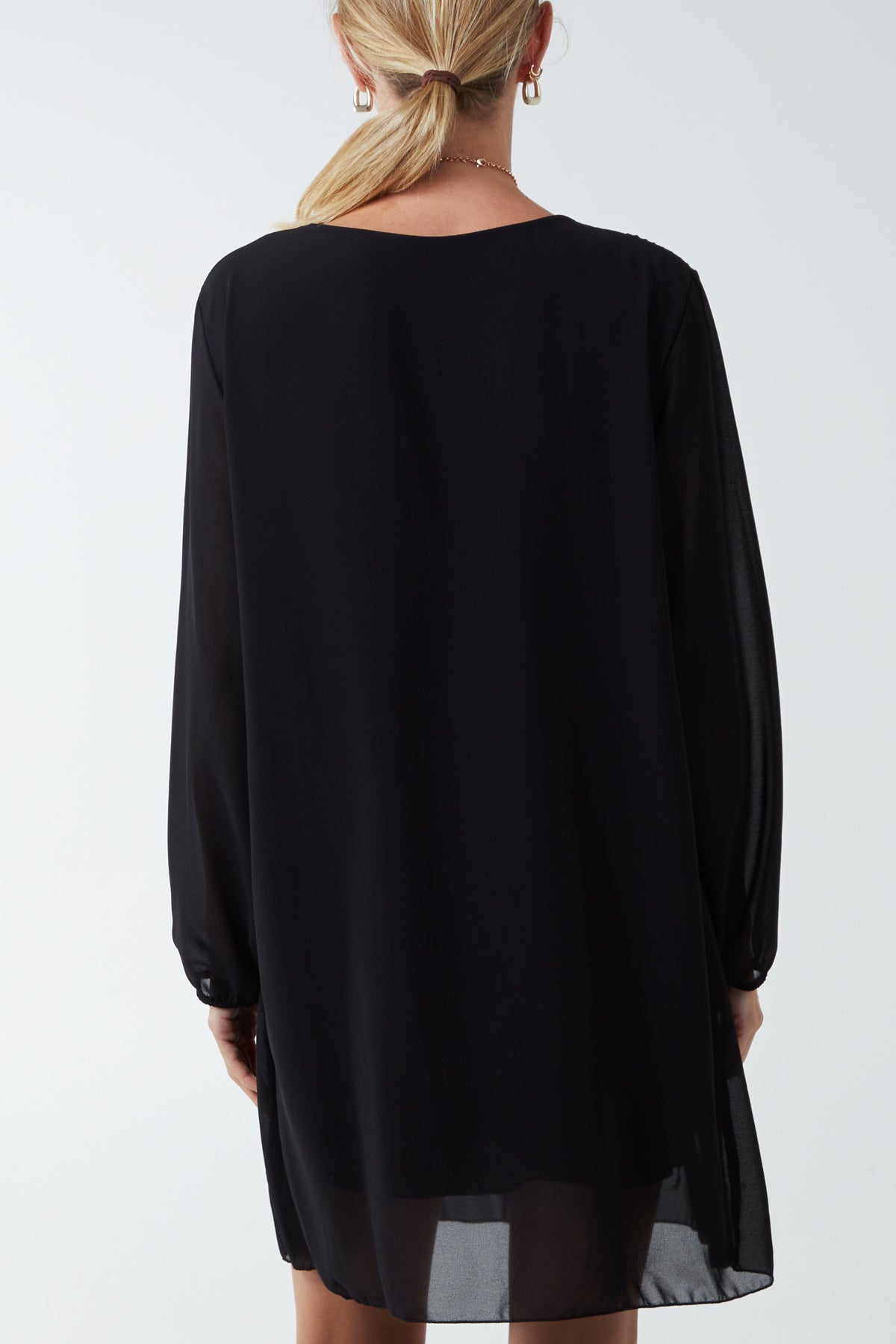 Long Sleeve Pleated Necklace Mini Shift Dress