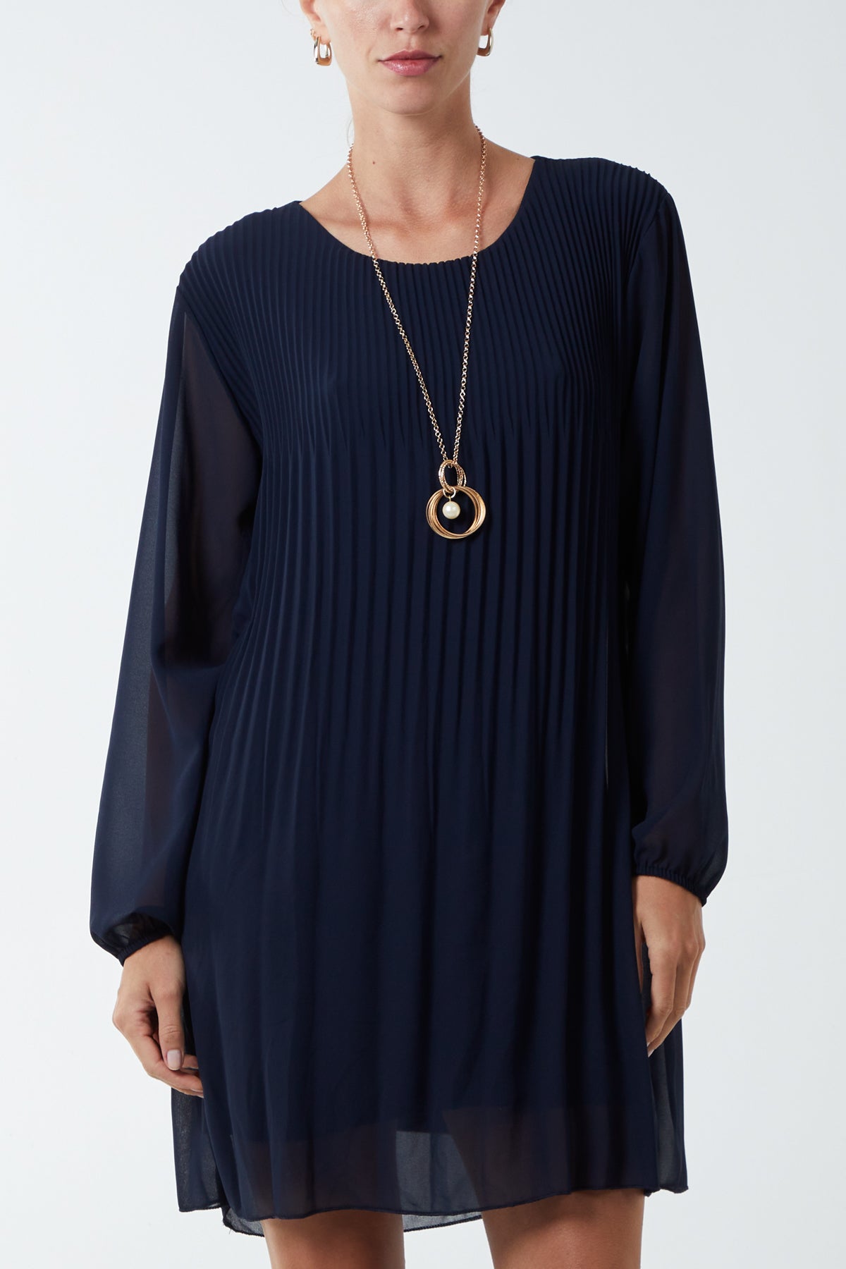 Long Sleeve Pleated Necklace Mini Shift Dress