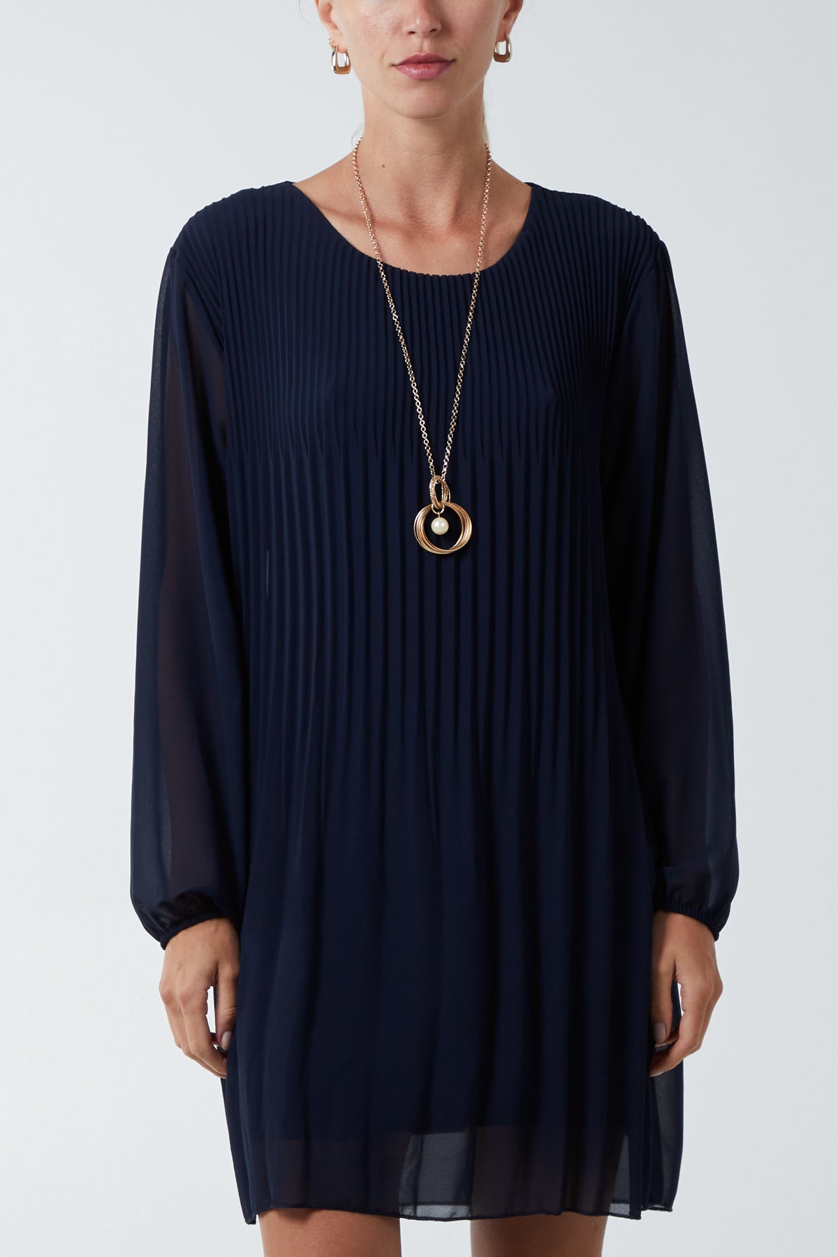 Long Sleeve Pleated Necklace Mini Shift Dress