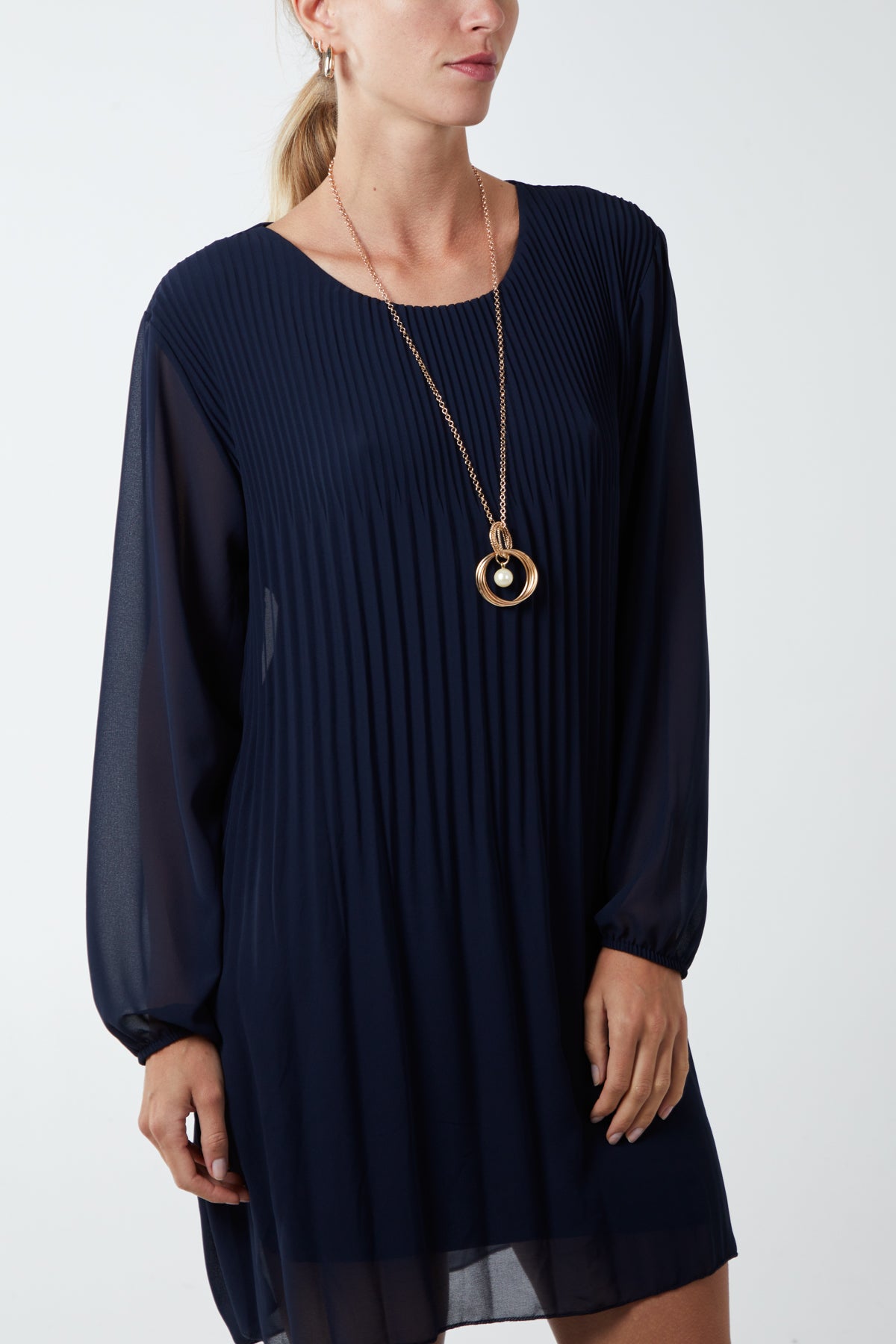 Long Sleeve Pleated Necklace Mini Shift Dress