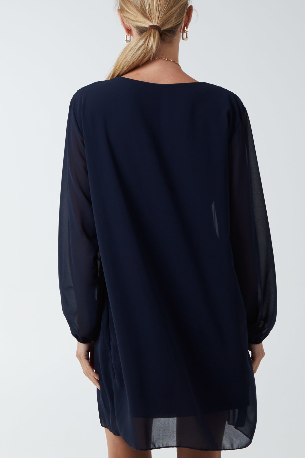 Long Sleeve Pleated Necklace Mini Shift Dress