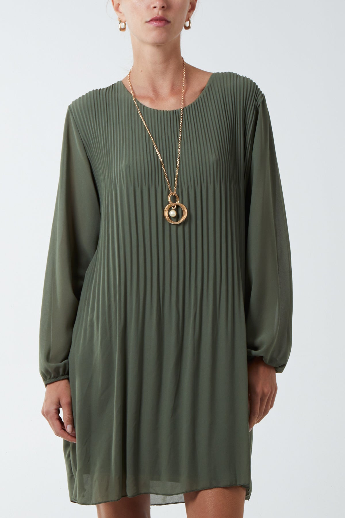 Long Sleeve Pleated Necklace Mini Shift Dress