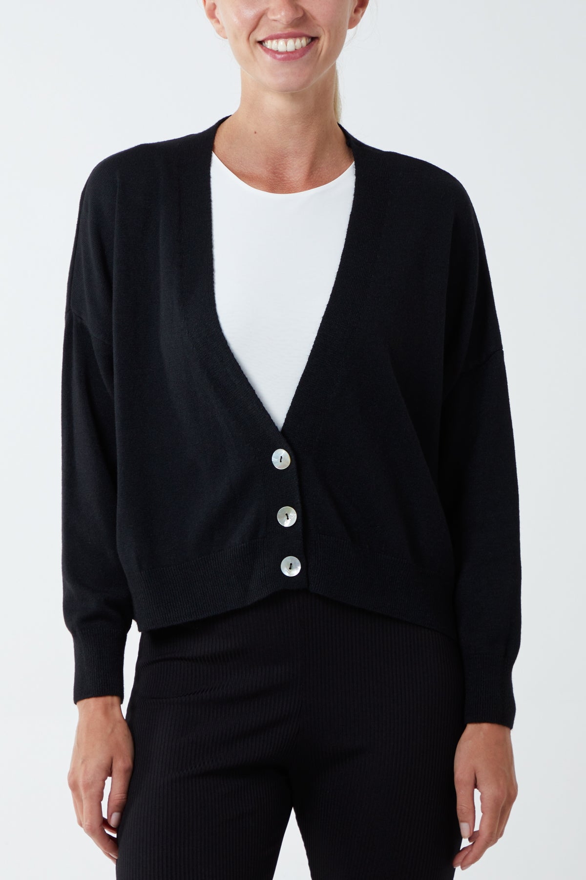 Three Button Cropped Ribbed Cuff Hem Cardigan