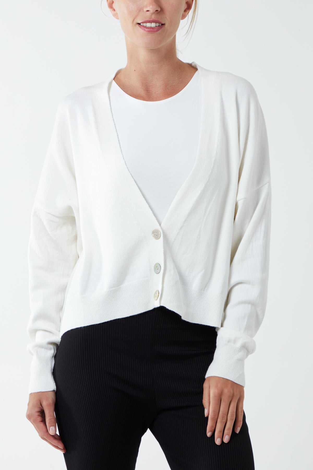 Three Button Cropped Ribbed Cuff Hem Cardigan