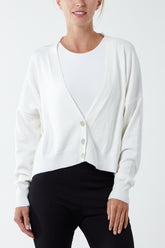 Three Button Cropped Ribbed Cuff Hem Cardigan