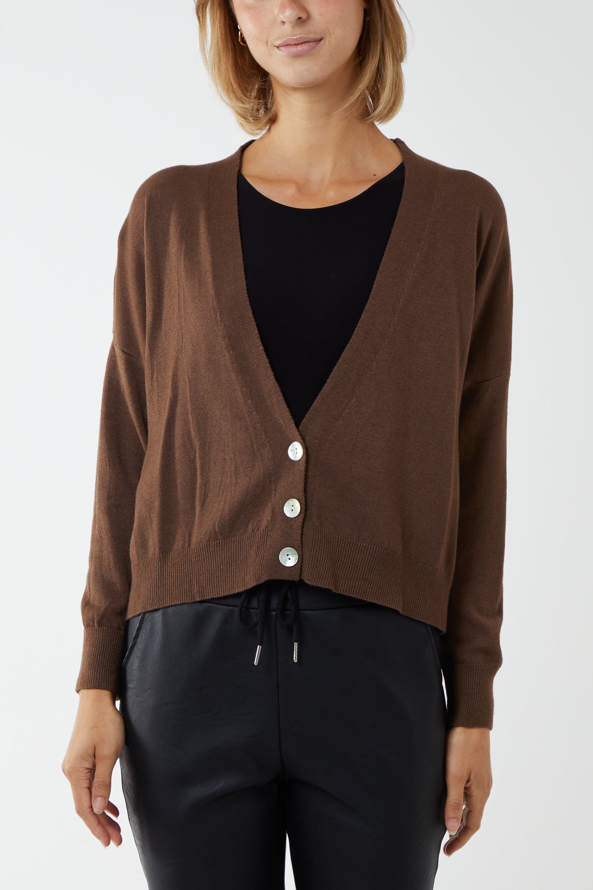 Three Button Cropped Ribbed Cuff Hem Cardigan