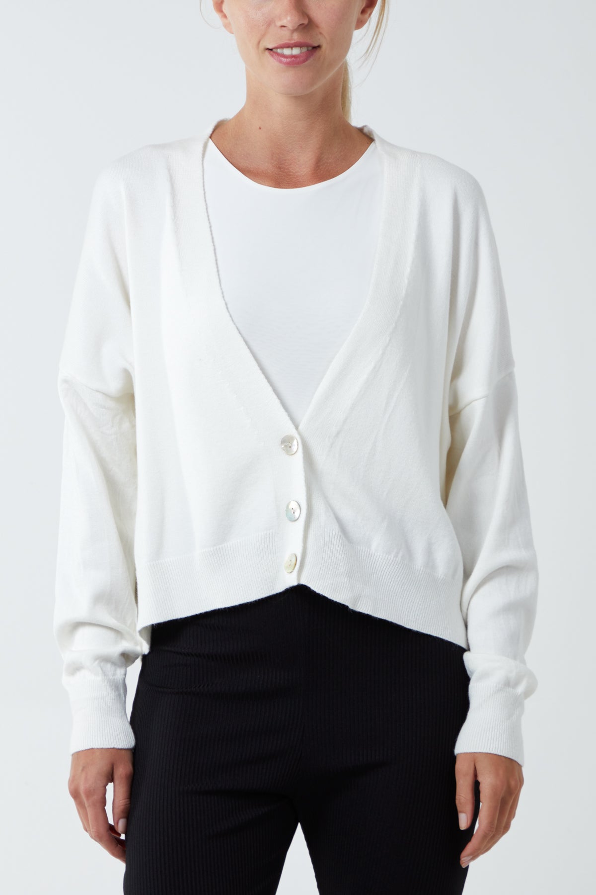 Three Button Cropped Ribbed Cuff Hem Cardigan