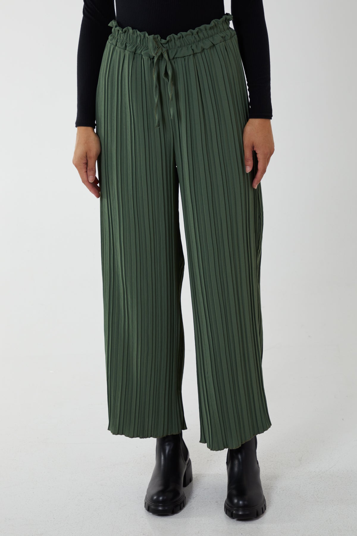 Wide Leg Plisse Drawstring Trousers