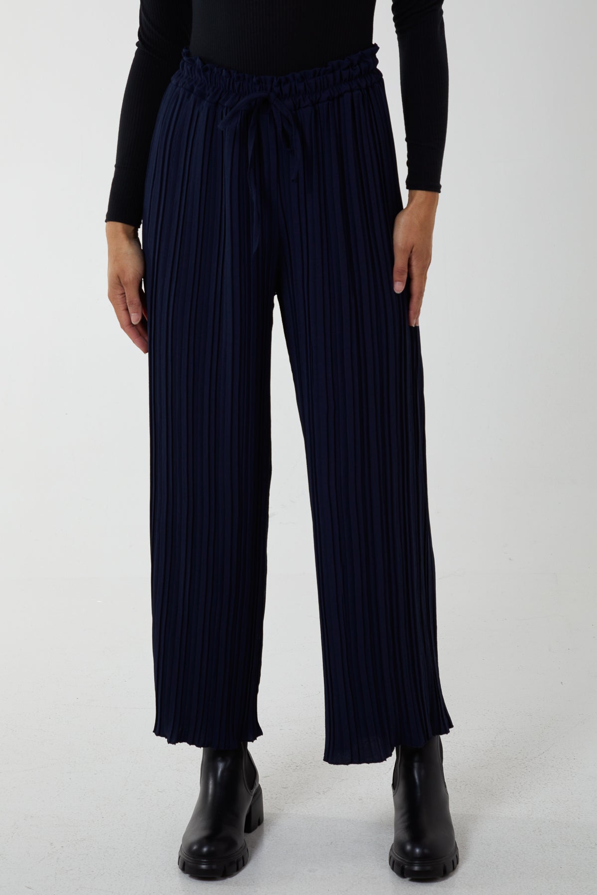 Wide Leg Plisse Drawstring Trousers
