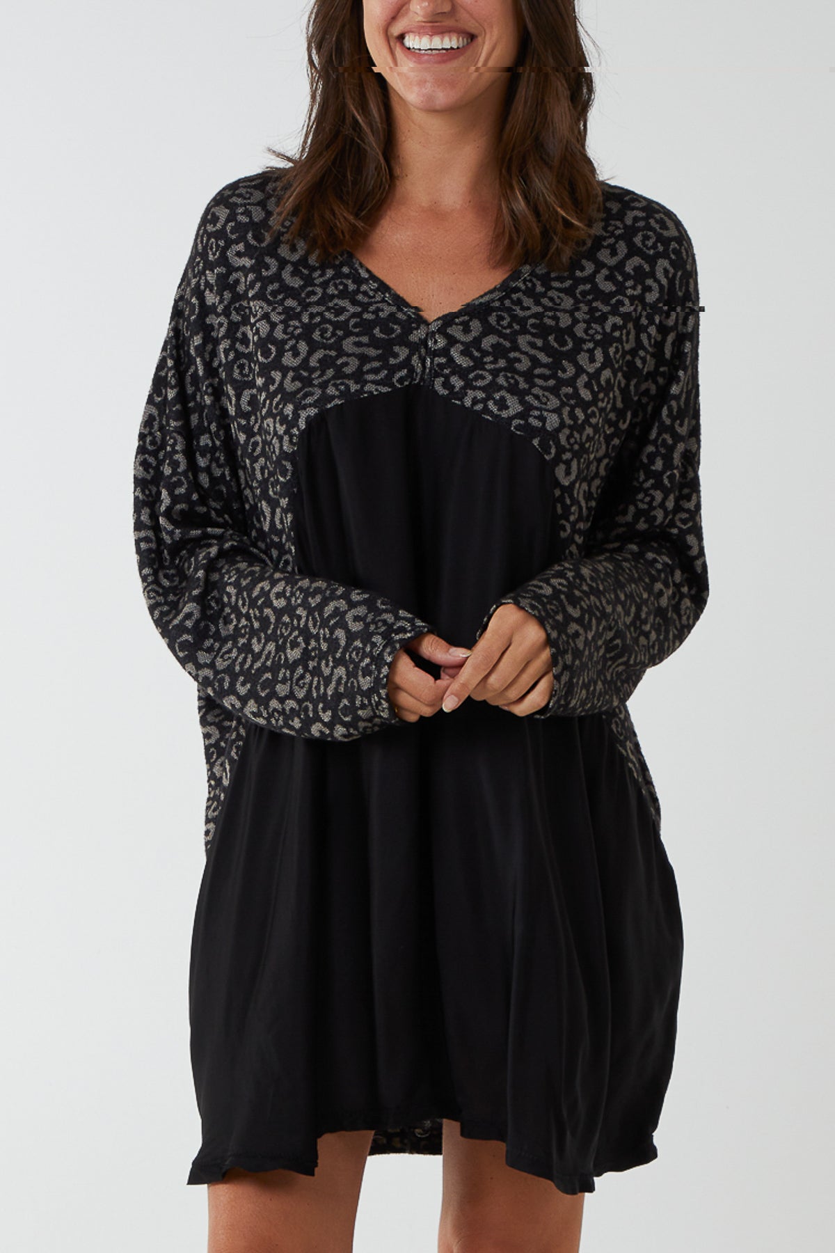Satin Leopard Print Panel Smock Tunic Dress