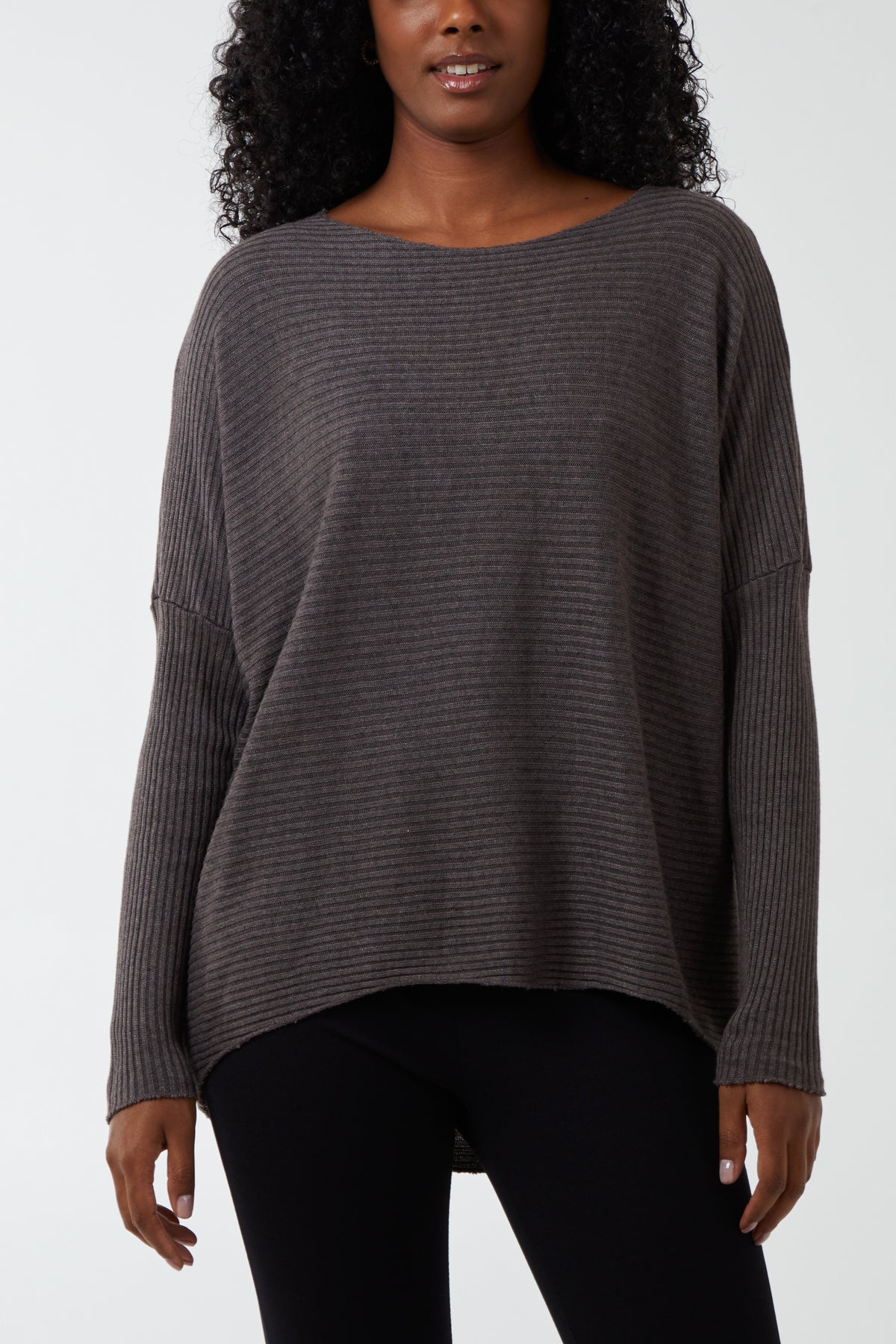 Ribbed Slash Neck Batwing Jumper