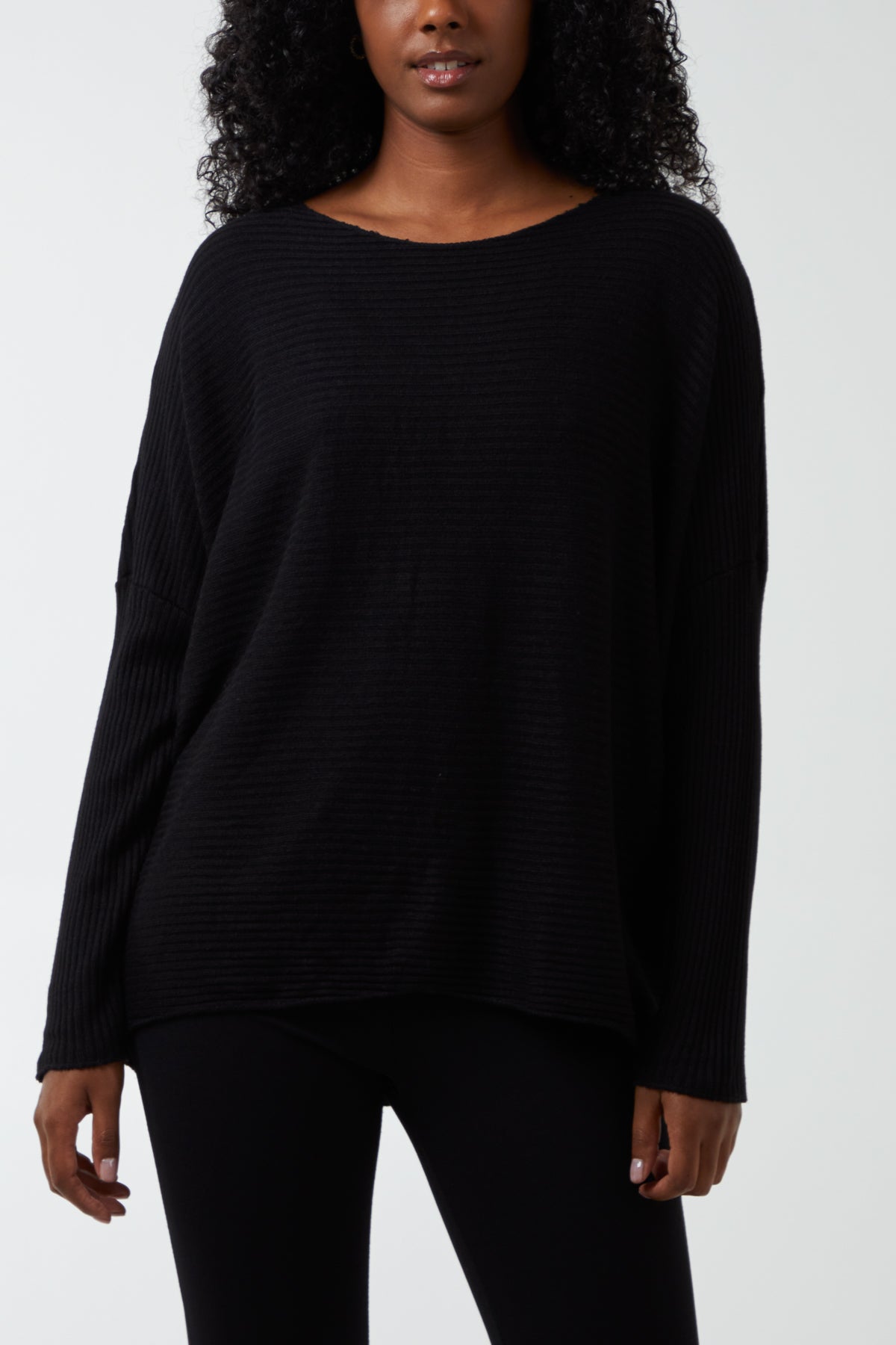 Ribbed Slash Neck Batwing Jumper