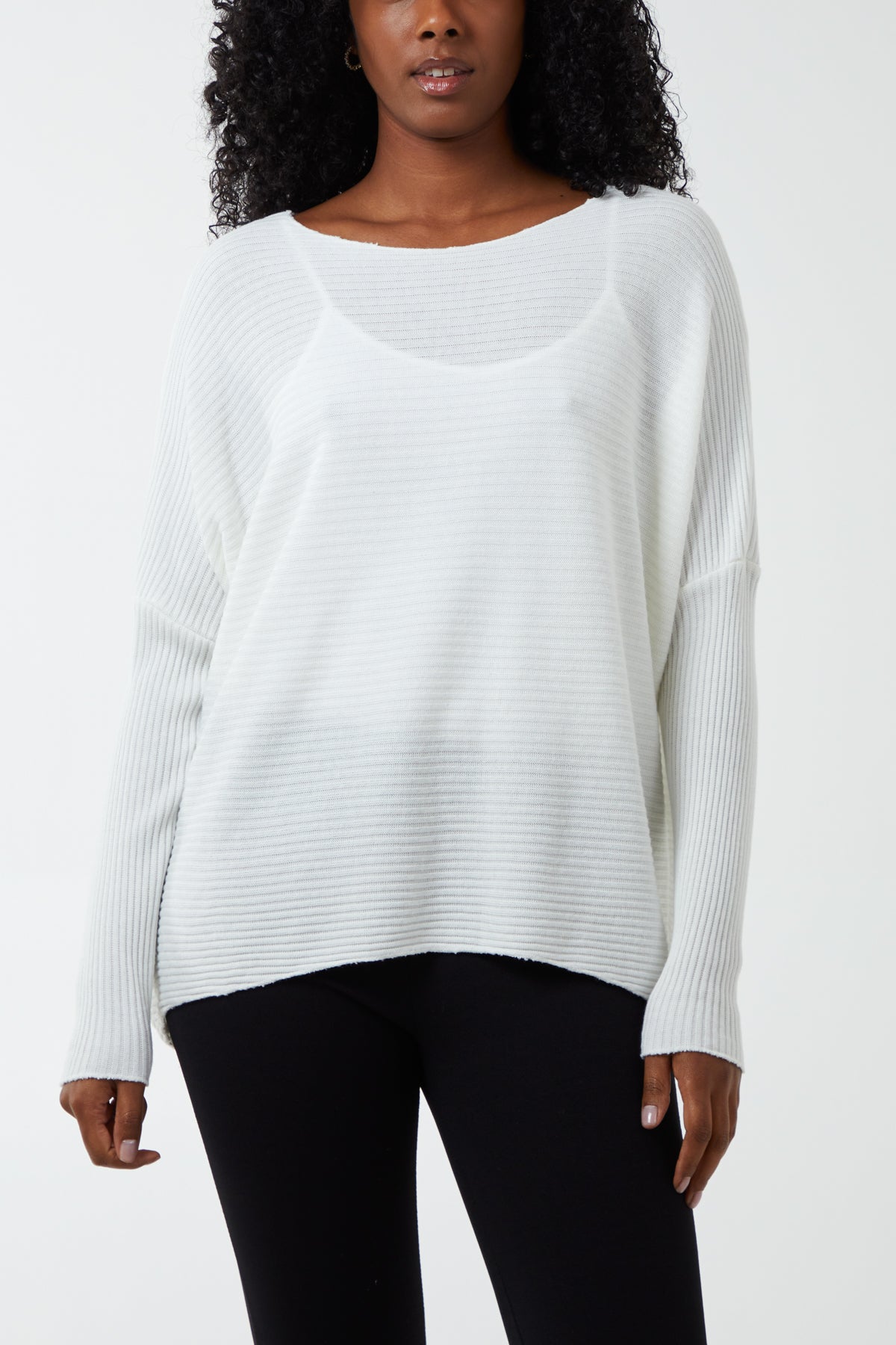 Ribbed Slash Neck Batwing Jumper