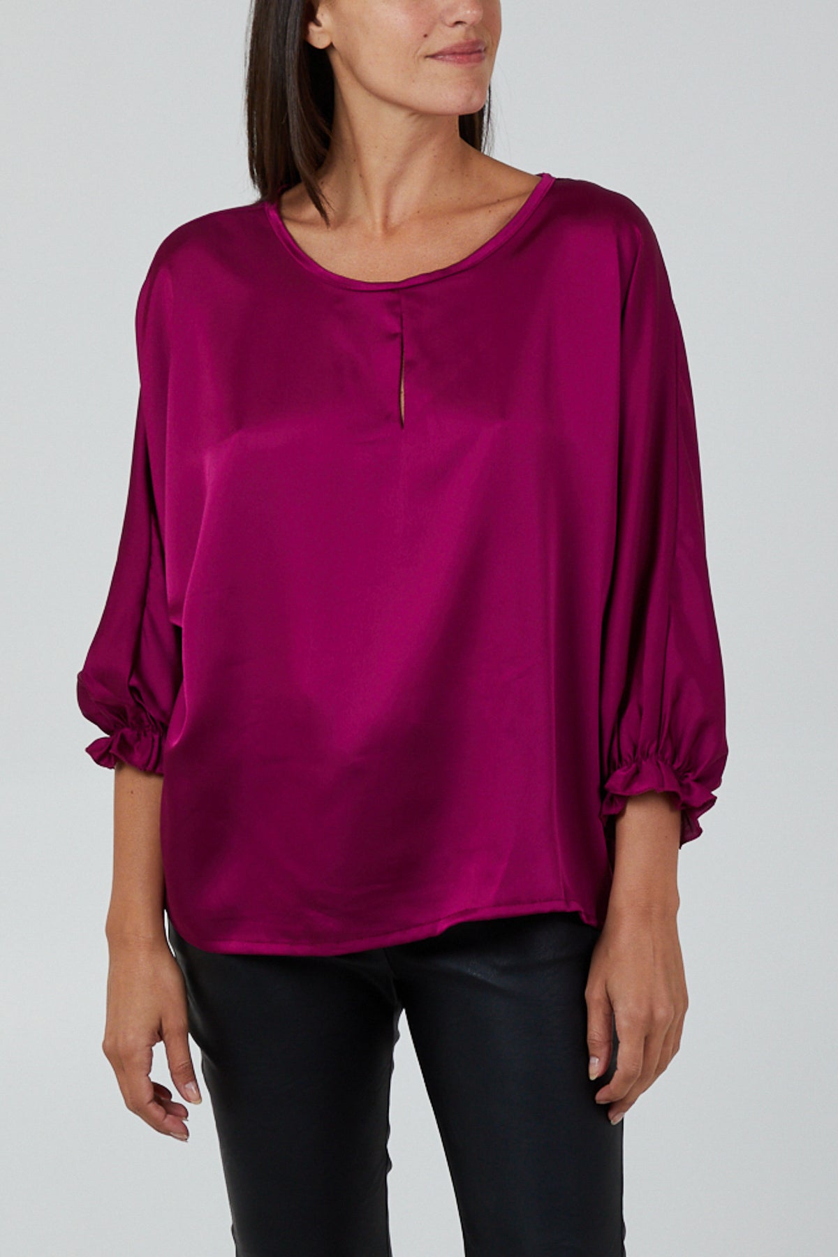 Satin Keyhole Neck 3/4 Sleeves Blouse