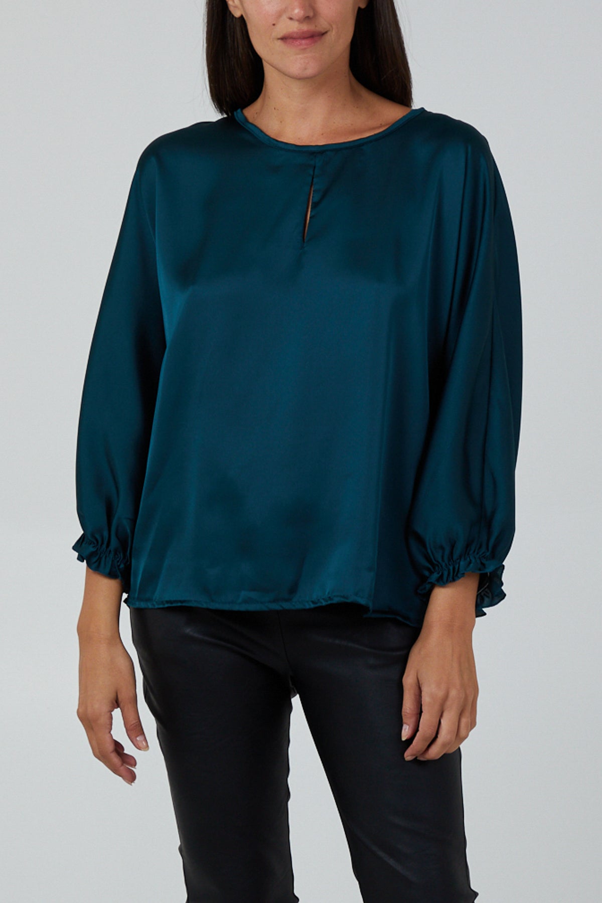 Satin Keyhole Neck 3/4 Sleeves Blouse