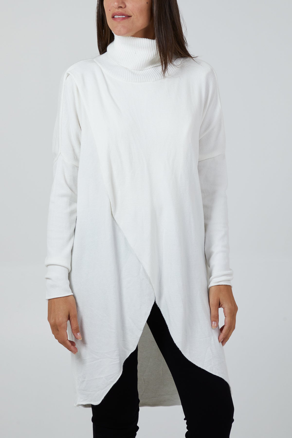 Rolled neck 2025 overlap hem sweater