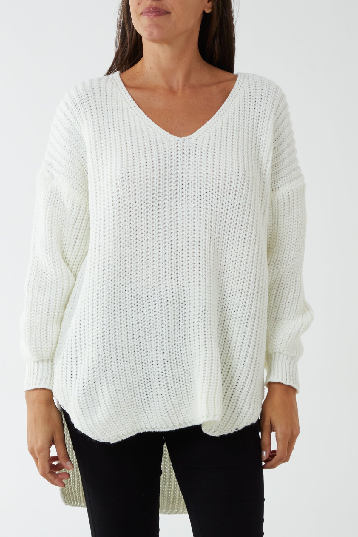 Oversized V-Neck Chunky Knit Dip Hem Jumper