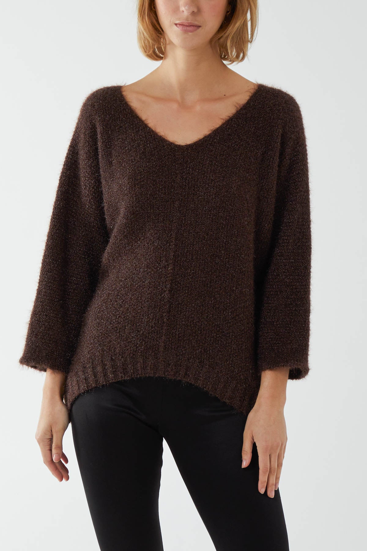Fluffy V-Neck Exposed Seams Jumper