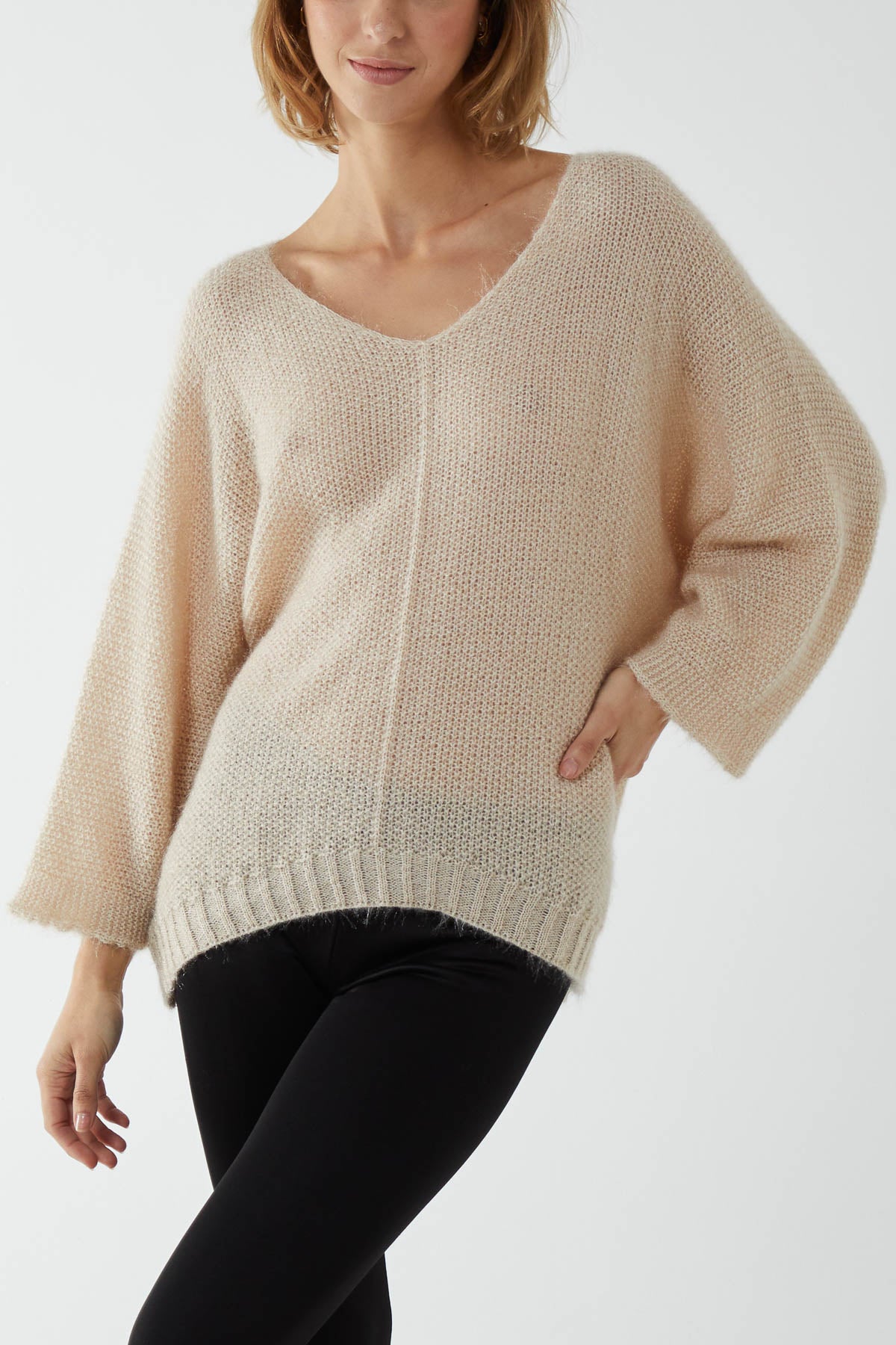 Fluffy V-Neck Exposed Seams Jumper