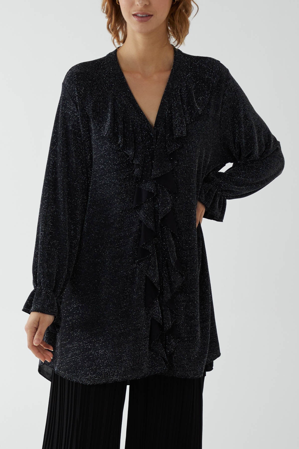 Glitter Lurex Ruffle Flounce Button Blouse