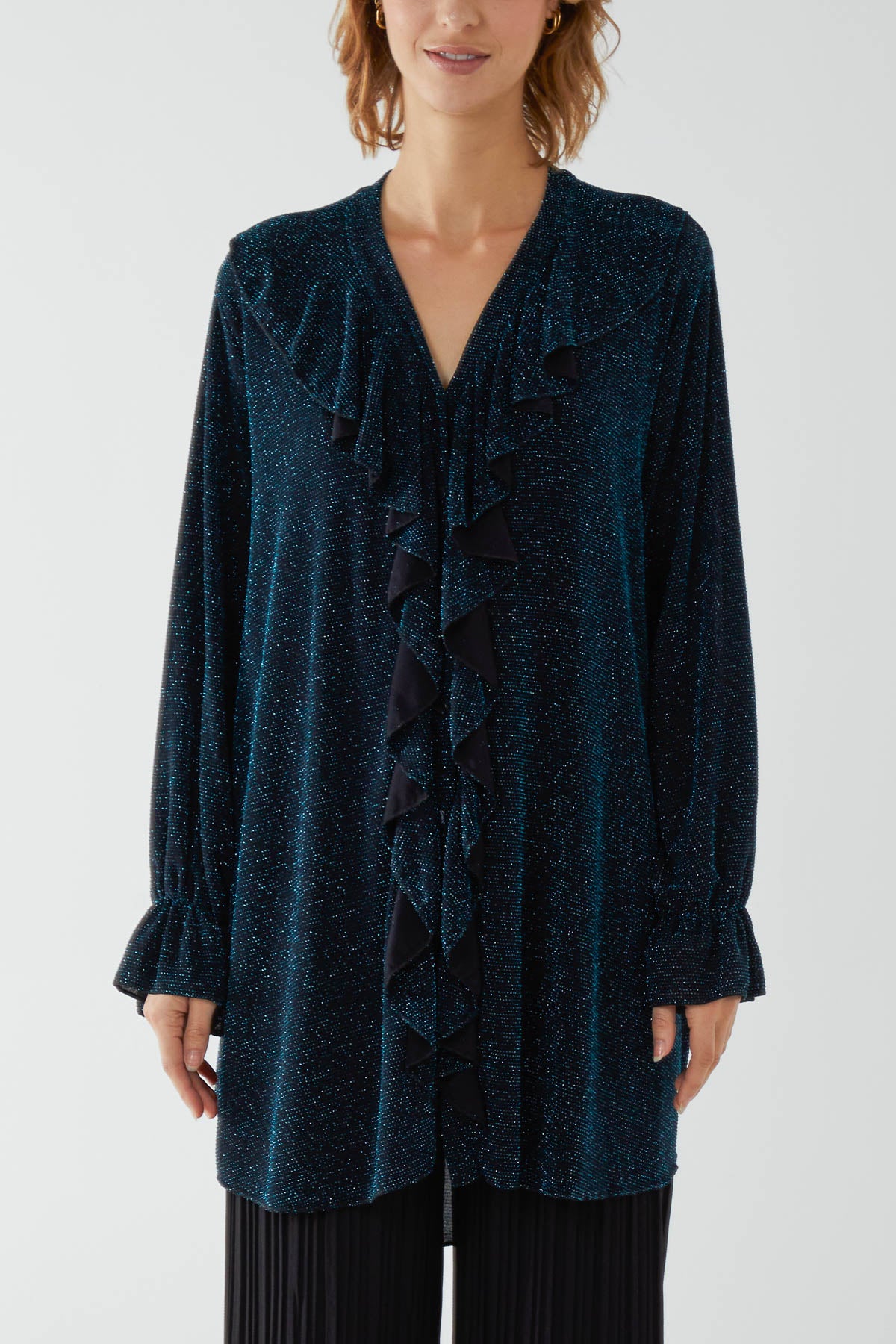 Glitter Lurex Ruffle Flounce Button Blouse