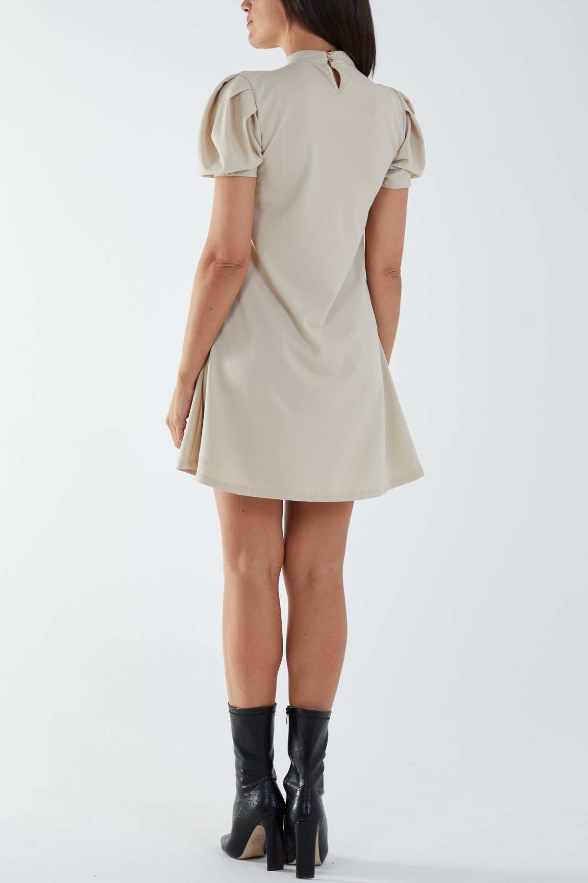 High Neck Puff Sleeve Mini Shift Dress
