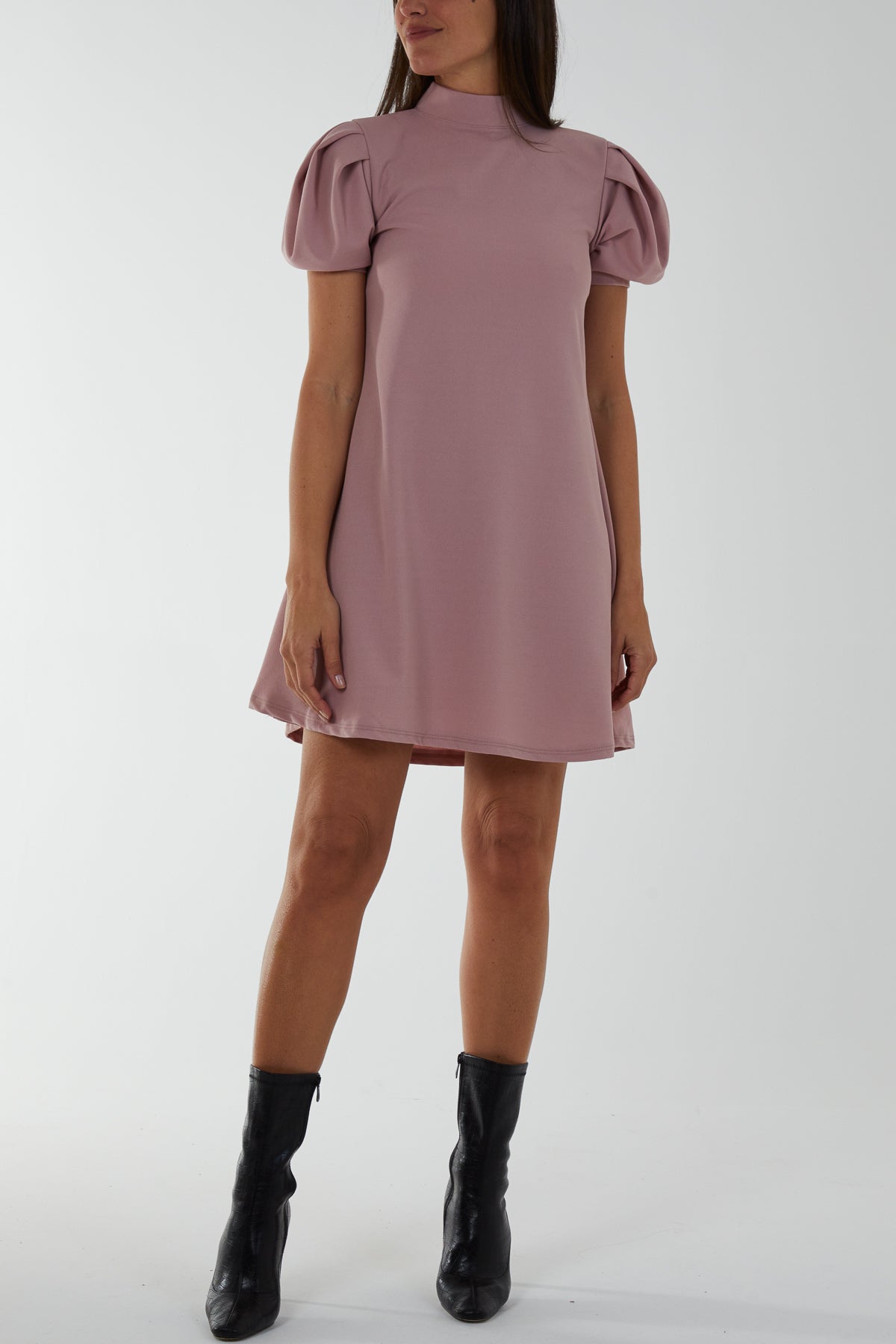 High Neck Puff Sleeve Mini Shift Dress