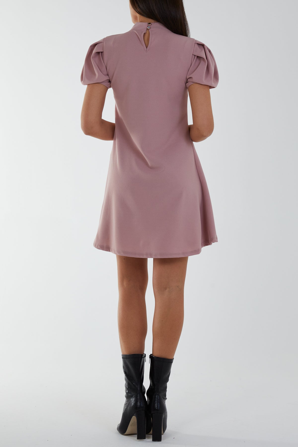 High Neck Puff Sleeve Mini Shift Dress