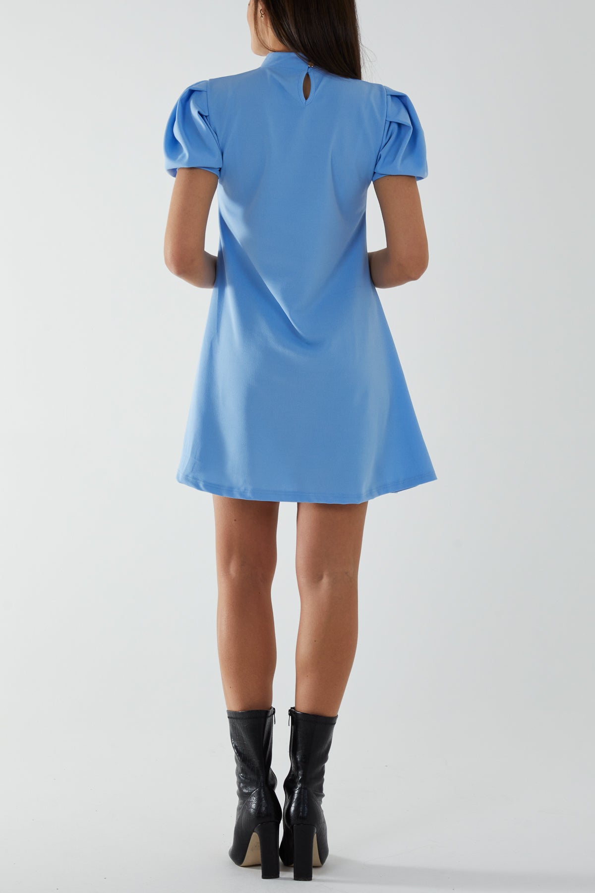 High Neck Puff Sleeve Mini Shift Dress