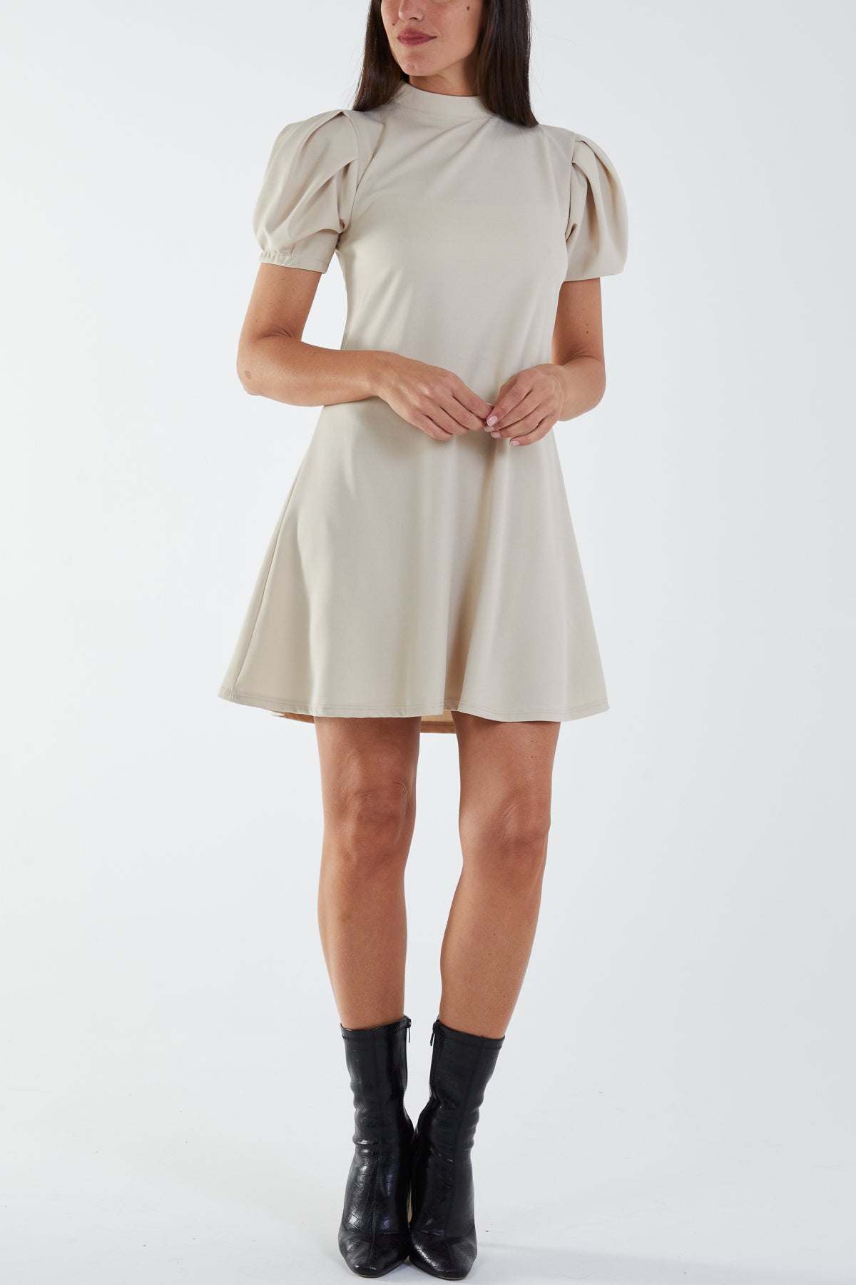 High Neck Puff Sleeve Mini Shift Dress