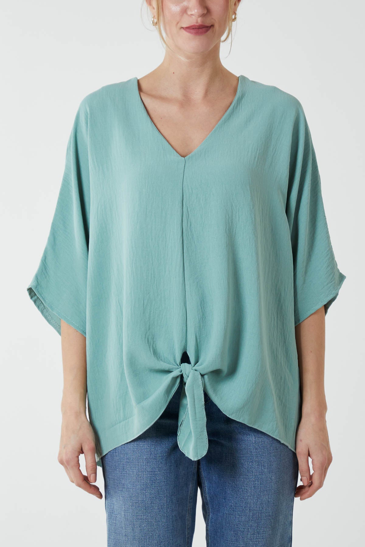 V-Neck Centre Front Tie Hem Blouse
