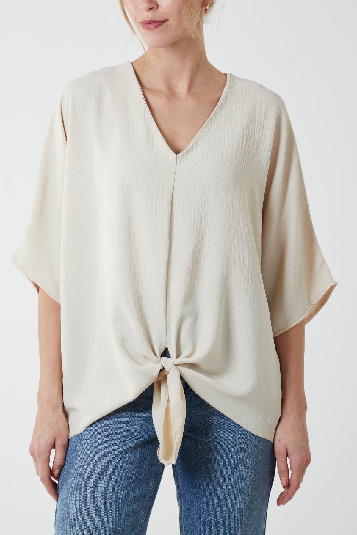 V-Neck Centre Front Tie Hem Blouse