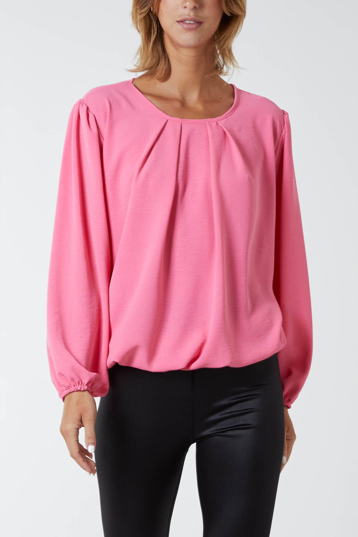 Pleated Neck Bubble Hem Blouse