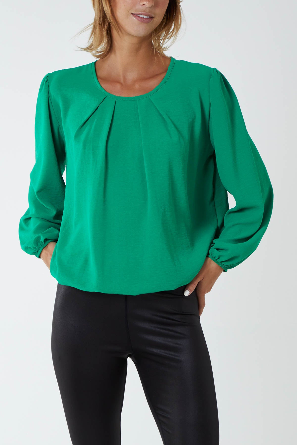 Pleated Neck Bubble Hem Blouse