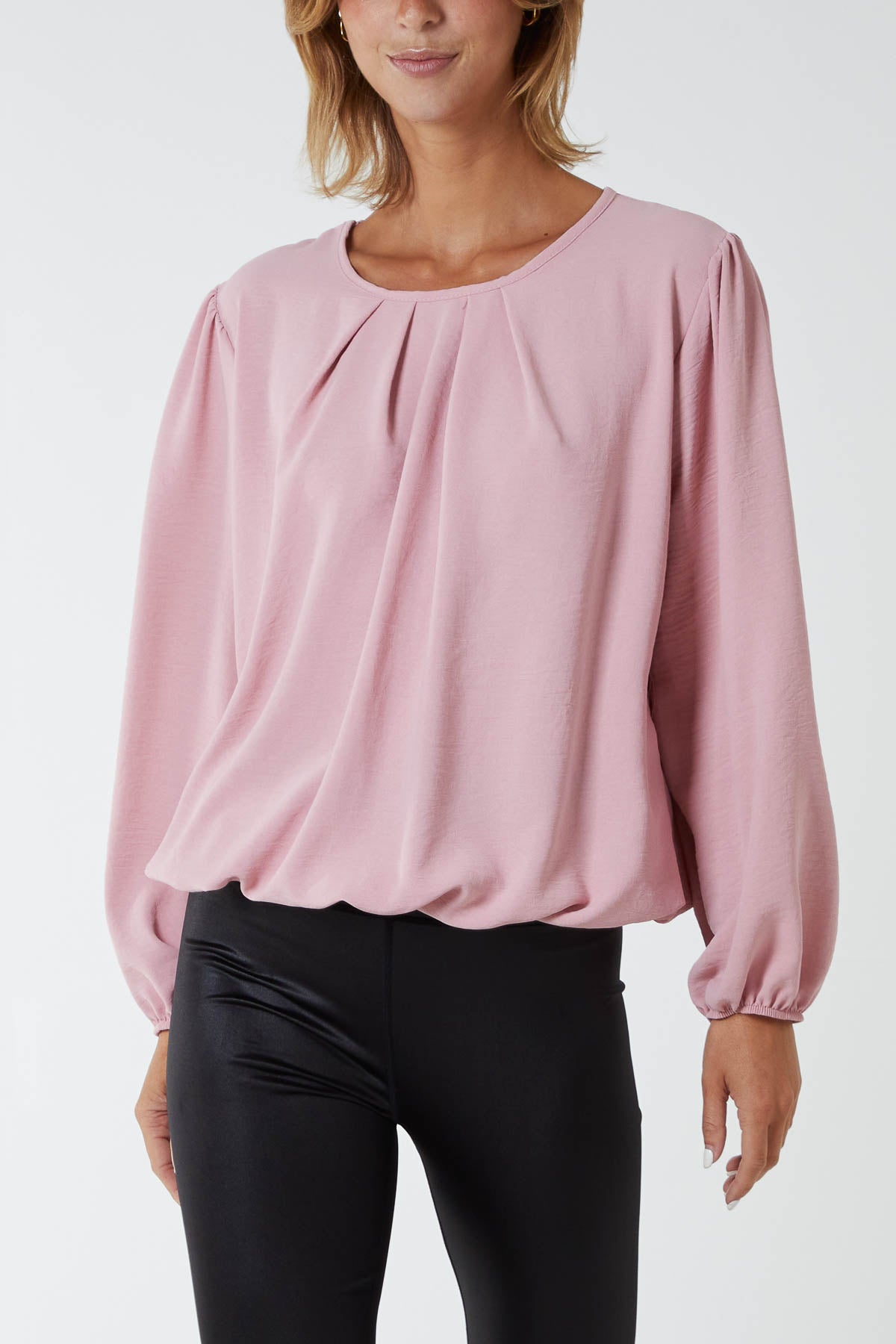 Pleated Neck Bubble Hem Blouse