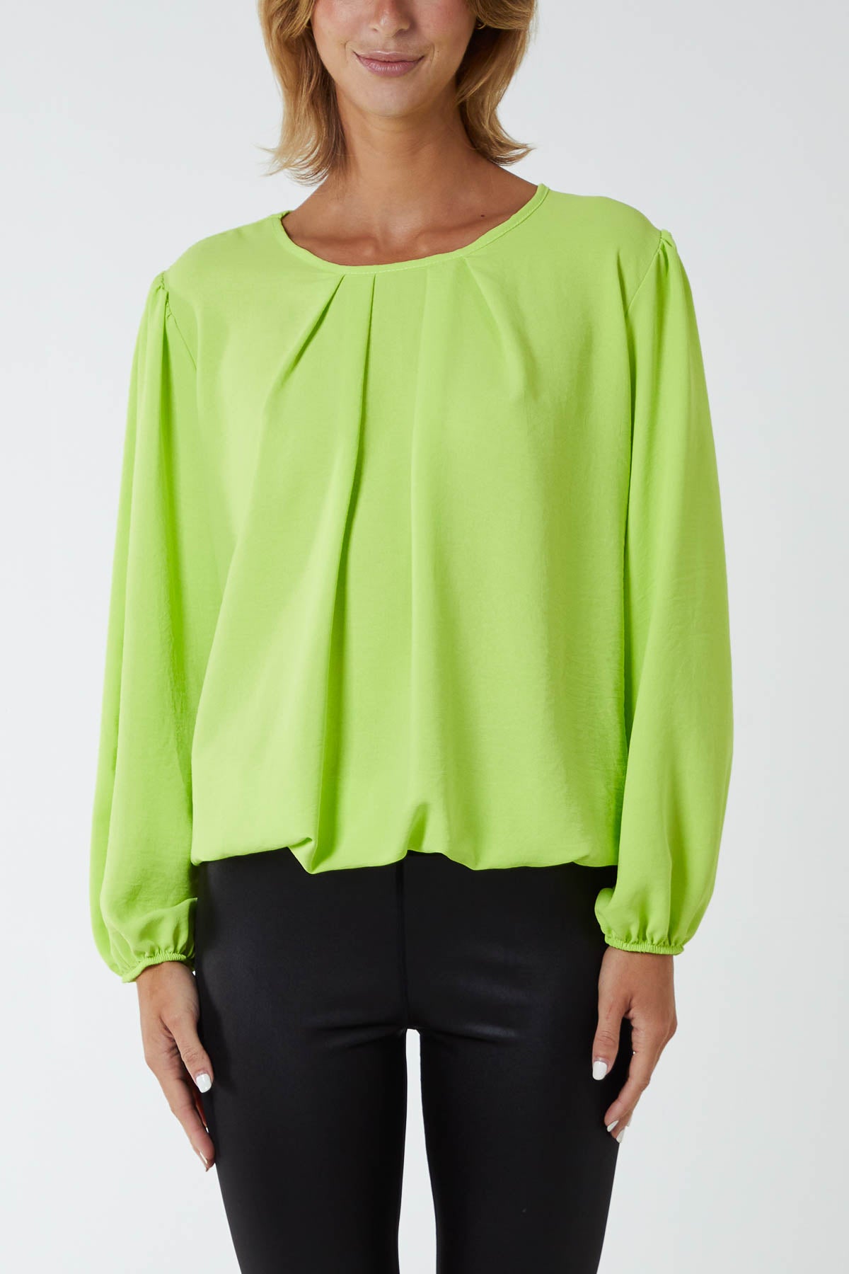 Pleated Neck Bubble Hem Blouse