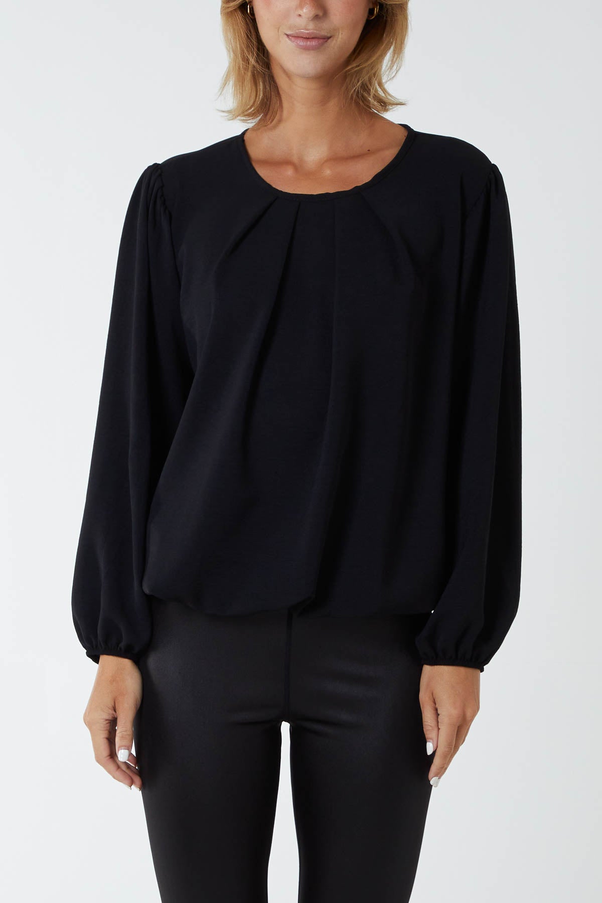 Pleated Neck Bubble Hem Blouse