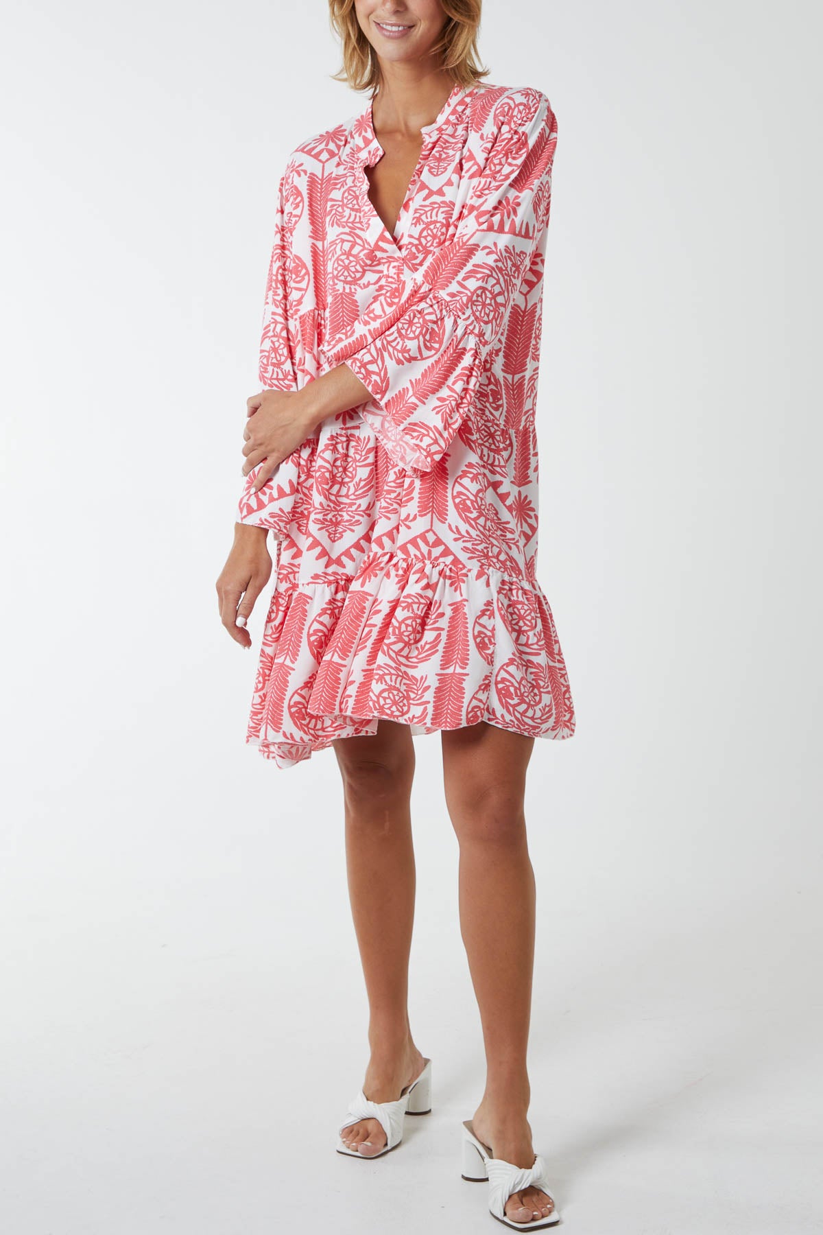 Tiered Baroque Floral Smock Print Dress