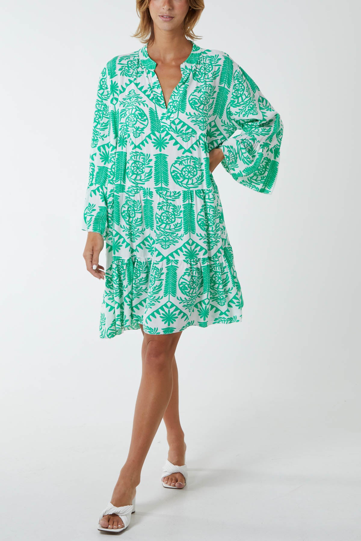 Tiered Baroque Floral Smock Print Dress