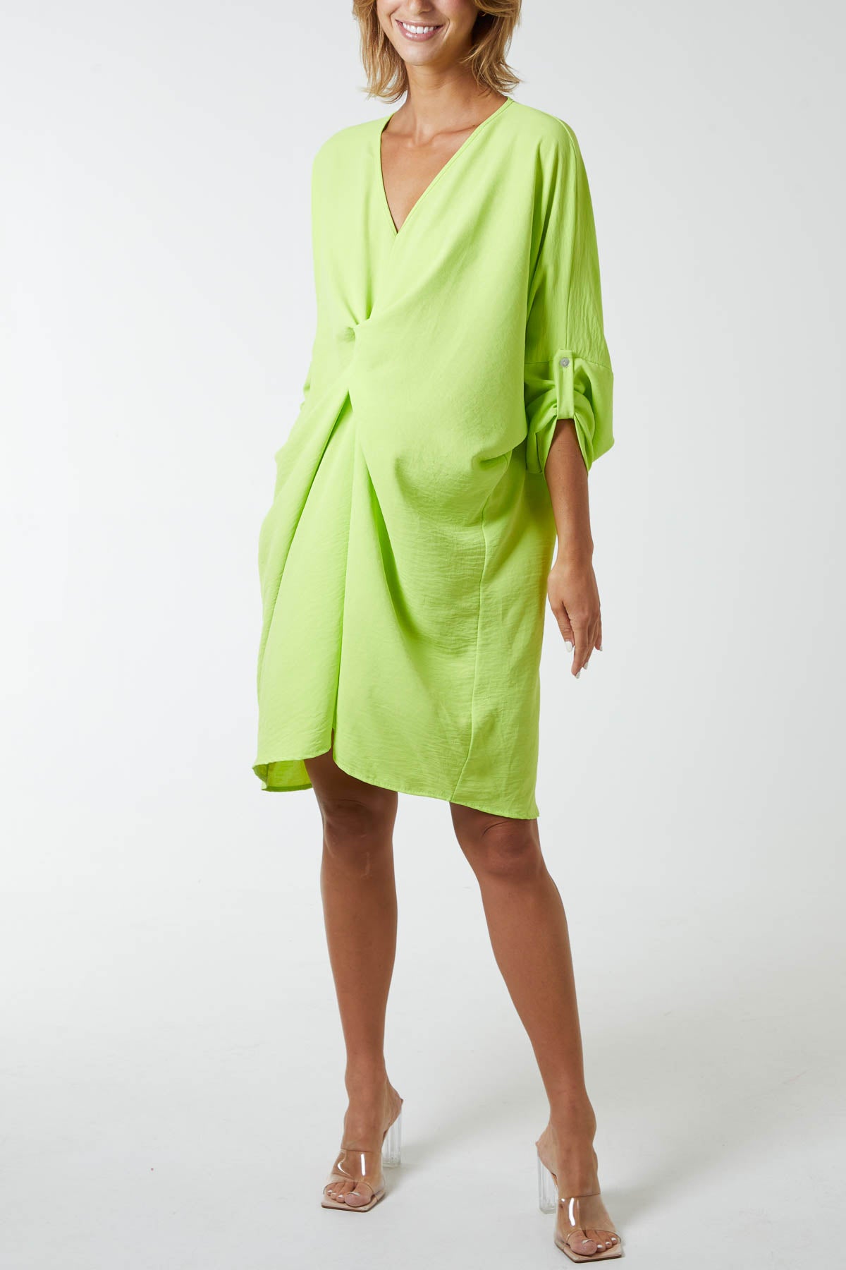 Twist Front Button Sleeve Dress