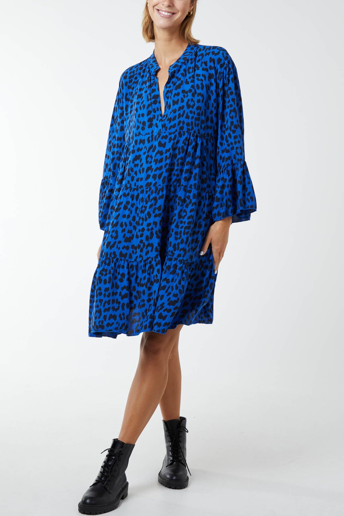 Long Sleeve Tiered Leopard Print Dress